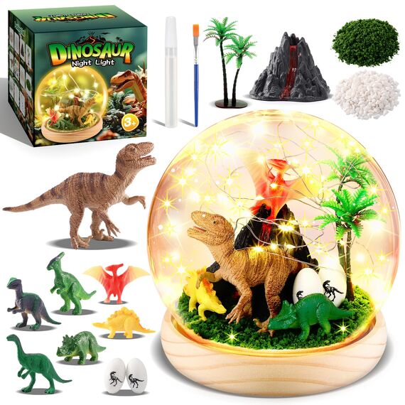 HappyGoLucky DIY Bastelset Kinder - Dinosaurier Spielzeug Geschenk für Jungen ab 3-10 Jahre - Personalisierbares Nachtlicht Kinder - Sockel aus Holz - mit 15+ Zubehörteilen [Großformat]