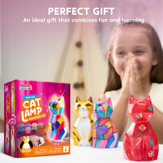 Klever Kits Katze Lampe Bastelset Kinder ab 6+ jahre,Basteln Mädchen ab 6 7 8 9 10 11 12 jahre,Kreatives Geschenke für Mädchen, katz e Spielzeug Kinder,DIY Katze Lampe Malset