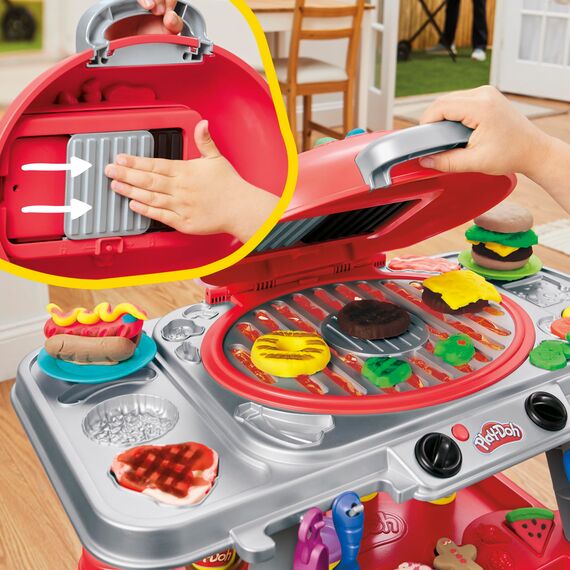 Play-Doh Grillparty Spielzeug, Grill-Station mit Formen, Accessoires und 6 Dosen Knete zum Basteln, Grillen und Kochen, Küchenspielzeug, Bastelset und spannende ab 3 Jahren
