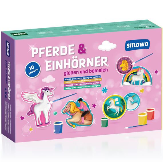 Smowo® Pferde und Einhörner selber gießen und anmalen - Mädchen Bastelset zum Gips giessen mit 10 Figuren für Kinder - Geschenk zum Basteln