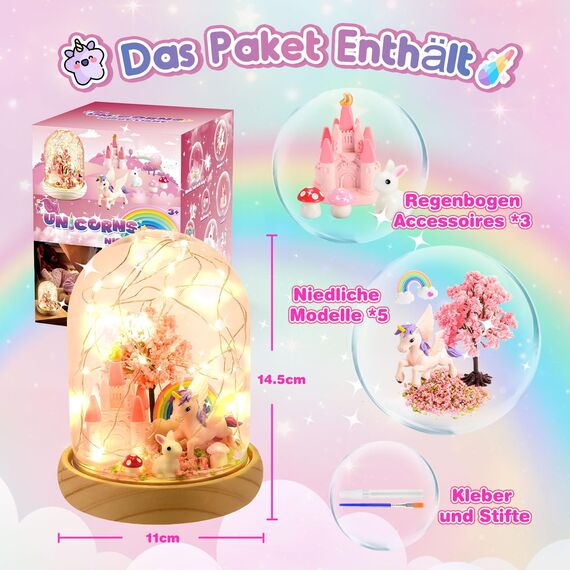 HappyGoLucky Bastelset Kinder - Einhorn Mädchen Spielzeug Geschenk ab 3-10 Jahre - DIY Nachtlicht Kinder - Sockel aus Holz - mit 10+ Zubehörteilen, Personalisierbares Schlafzimmerlicht