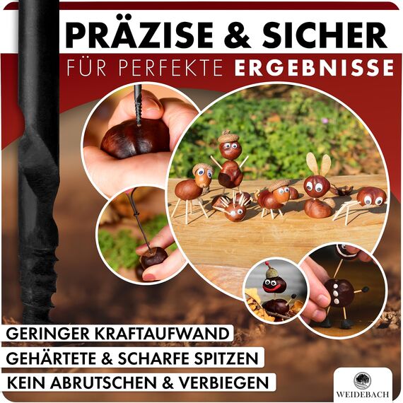 WEIDEBACH® 6-teiliges Kastanienbohrer Set, 1,5-6 mm Bohrer + 20 Zahnstocher zum Basteln in Alubox, Kastanien-Bastelset, Kastanienset, Kastanienmännchen Bastelset, Holzbohrer Handbohrer f. Kastanien