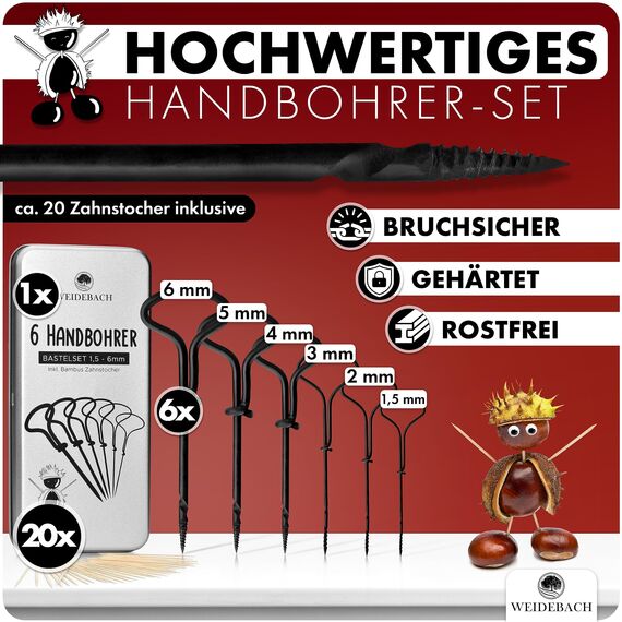 WEIDEBACH® 6-teiliges Kastanienbohrer Set, 1,5-6 mm Bohrer + 20 Zahnstocher zum Basteln in Alubox, Kastanien-Bastelset, Kastanienset, Kastanienmännchen Bastelset, Holzbohrer Handbohrer f. Kastanien
