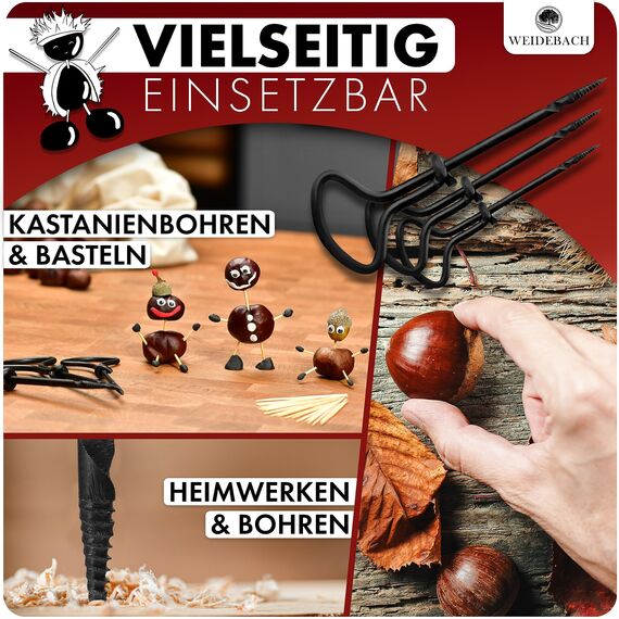 WEIDEBACH® 6-teiliges Kastanienbohrer Set, 1,5-6 mm Bohrer + 20 Zahnstocher zum Basteln in Alubox, Kastanien-Bastelset, Kastanienset, Kastanienmännchen Bastelset, Holzbohrer Handbohrer f. Kastanien