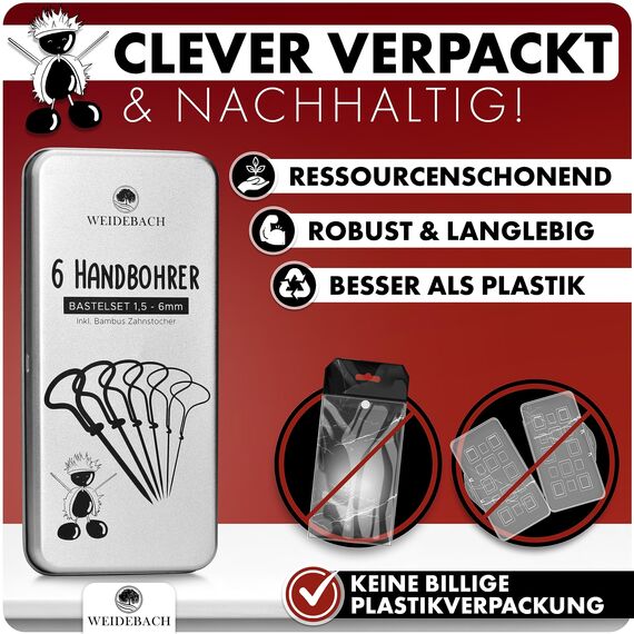 WEIDEBACH® 6-teiliges Kastanienbohrer Set, 1,5-6 mm Bohrer + 20 Zahnstocher zum Basteln in Alubox, Kastanien-Bastelset, Kastanienset, Kastanienmännchen Bastelset, Holzbohrer Handbohrer f. Kastanien