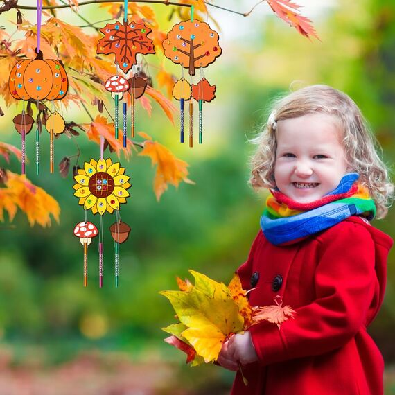 Nourdom 12tlg DIY Herbst Windspiel Bastelset Kinder, Holz Blatt Windspiele zum Bemalen mit Hängendem Klangspiele Kreativsets mit Diamant Aufkleber Geburtstag Geschenke für Mädchen Jungen