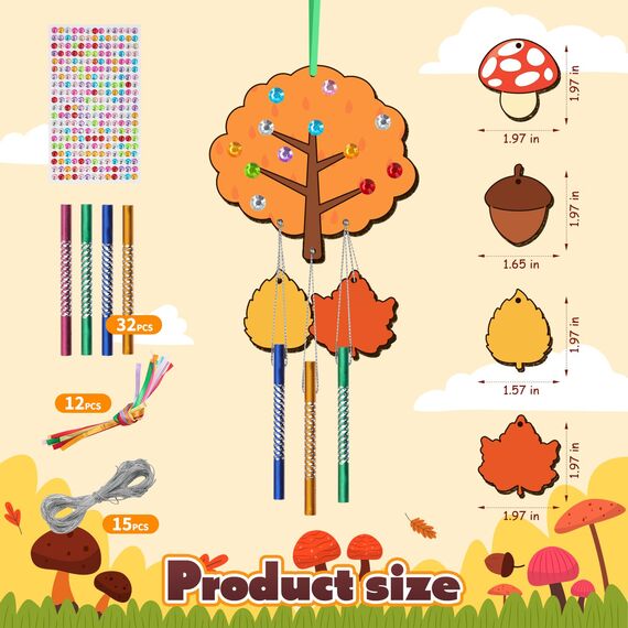 Nourdom 12tlg DIY Herbst Windspiel Bastelset Kinder, Holz Blatt Windspiele zum Bemalen mit Hängendem Klangspiele Kreativsets mit Diamant Aufkleber Geburtstag Geschenke für Mädchen Jungen