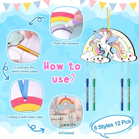 Nourdom 12 Stück Regenbogen Windspiel Bastelset Kinder Regenbogen Holz Klangspiel Basteln Bastelhandwerk zum Pferde Katzen Kreatives Bemalen Holz für Mädchen Junge Kindergeburtstag