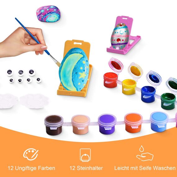 Lekebaby Steine Bemalen Set, Bastelset Für Kinder, Kreatives Malset Geschenk Spielzeug für Mädchen Jungen 3-12 Jahre