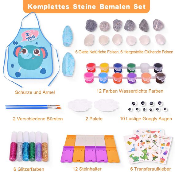 Lekebaby Steine Bemalen Set, Bastelset Für Kinder, Kreatives Malset Geschenk Spielzeug für Mädchen Jungen 3-12 Jahre