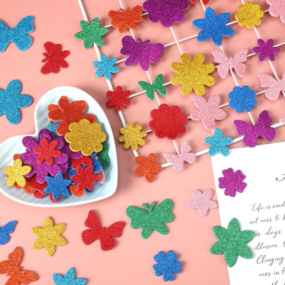 JULBEAR 300 Stück Frühlingsglitzer-Blumen- und Schmetterlings-Schaumstoff-Aufkleber, Großpackung, selbstklebende bunte Formen, Schaumstoff-Aufkleber für Kunst, Handwerk, DIY, Scrapbooking, Karten,