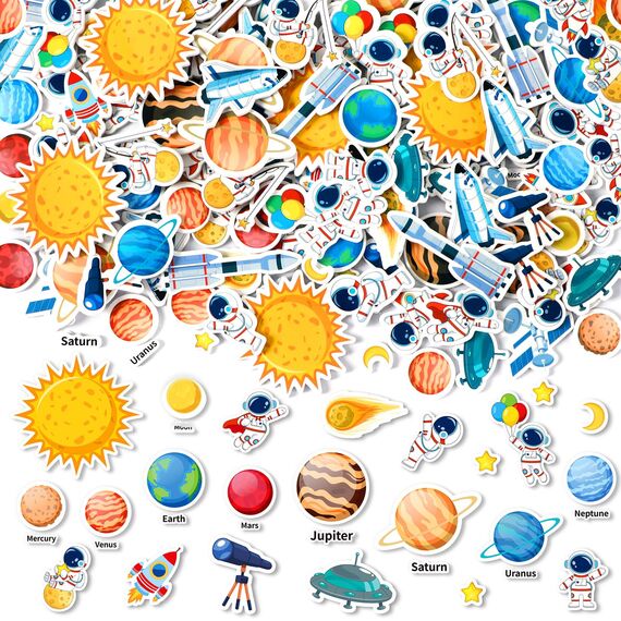 JULBEAR Weltraum Sticker, 300 Stück Universum Planeten Sticker Astronaut Planeten Moosgummi Aufkleber für Kindergeburtstage Scrapbooking Schultüte Weltraum Bastelset Weltraum Kinder