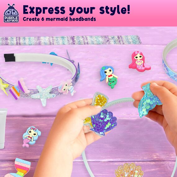 PURPLE LADYBUG Meerjungfrau Haarreifen Selber Machen - Bastelset Kinder ab 6 Jahre - Coole Schulanfang Mädchen Geschenk 7 8 9 10 11 12 Jahre - Kreatives Haarband Basteln Mädchen 8 Jahre