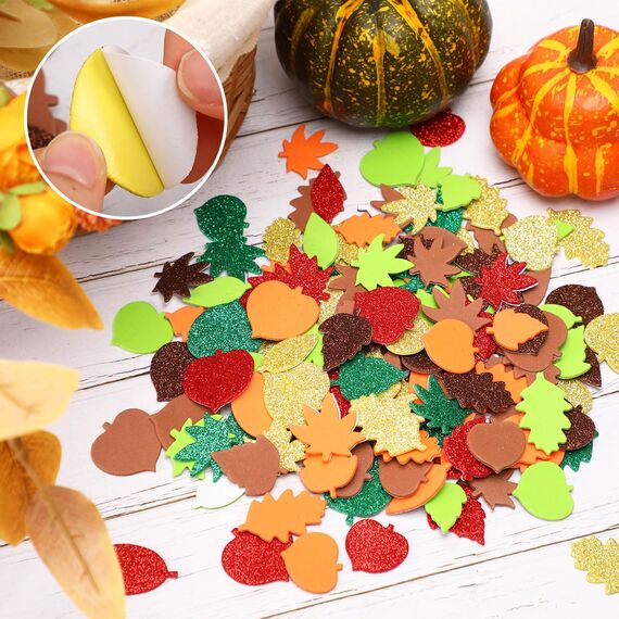 JULBEAR 300 Stück Thanksgiving Herbstblatt Deko Aufkleber Glitzernde Blatt Aufkleber Selbstklebende Schaumstoff Herbst Sticker DIY Filz Bastelset Herbst Dekorationen