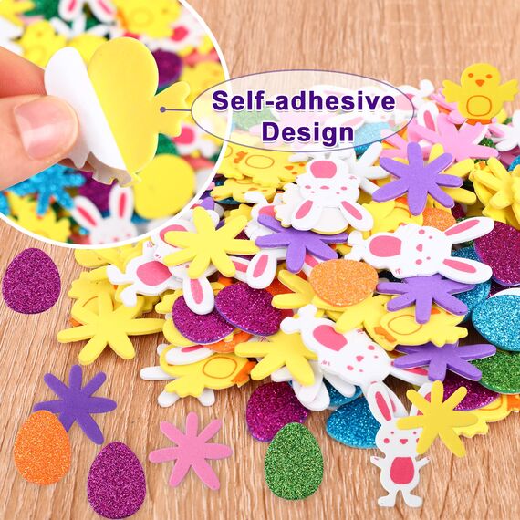 JULBEAR Aufkleber Ostern 300 Stück Glitzermoosgummi Selbstklebend für Kinder Kunsthandwerk Heimdekoration Ei Hasen Küken Blumen