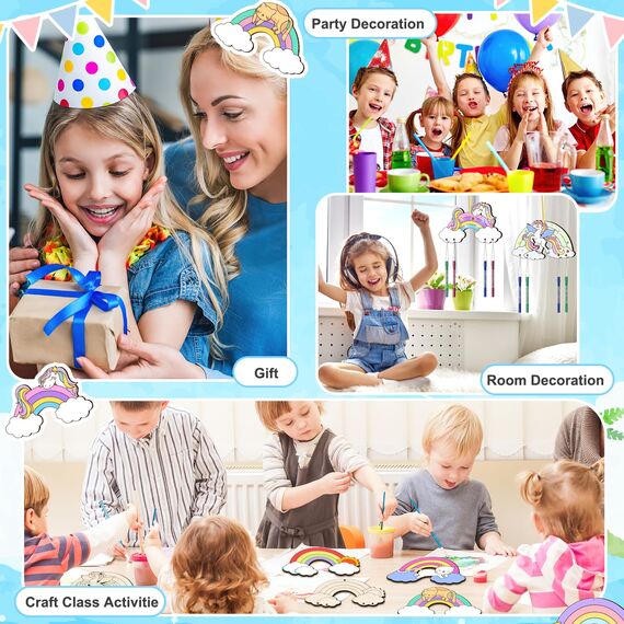 Nourdom 12 Stück Regenbogen Windspiel Bastelset Kinder Regenbogen Holz Klangspiel Basteln Bastelhandwerk zum Pferde Katzen Kreatives Bemalen Holz für Mädchen Junge Kindergeburtstag