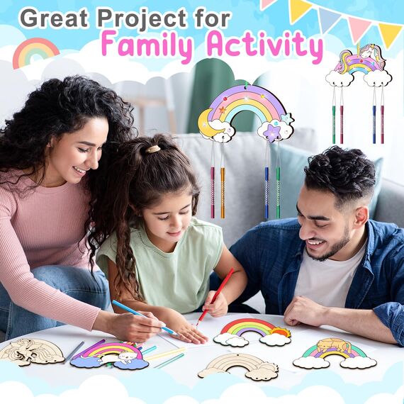 Nourdom 12 Stück Regenbogen Windspiel Bastelset Kinder Regenbogen Holz Klangspiel Basteln Bastelhandwerk zum Pferde Katzen Kreatives Bemalen Holz für Mädchen Junge Kindergeburtstag