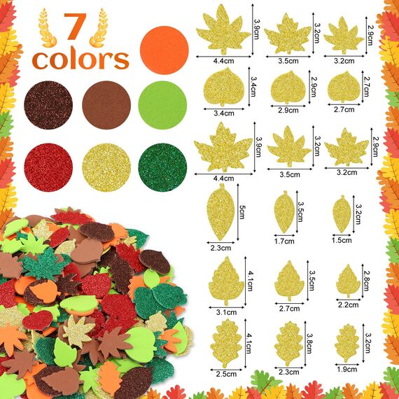 JULBEAR 300 Stück Thanksgiving Herbstblatt Deko Aufkleber Glitzernde Blatt Aufkleber Selbstklebende Schaumstoff Herbst Sticker DIY Filz Bastelset Herbst Dekorationen