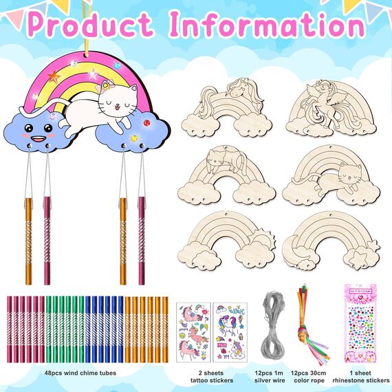 Nourdom 12 Stück Regenbogen Windspiel Bastelset Kinder Regenbogen Holz Klangspiel Basteln Bastelhandwerk zum Pferde Katzen Kreatives Bemalen Holz für Mädchen Junge Kindergeburtstag