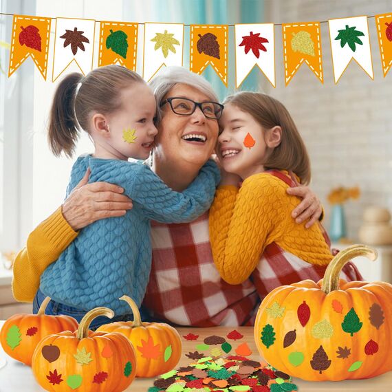 JULBEAR 300 Stück Thanksgiving Herbstblatt Deko Aufkleber Glitzernde Blatt Aufkleber Selbstklebende Schaumstoff Herbst Sticker DIY Filz Bastelset Herbst Dekorationen