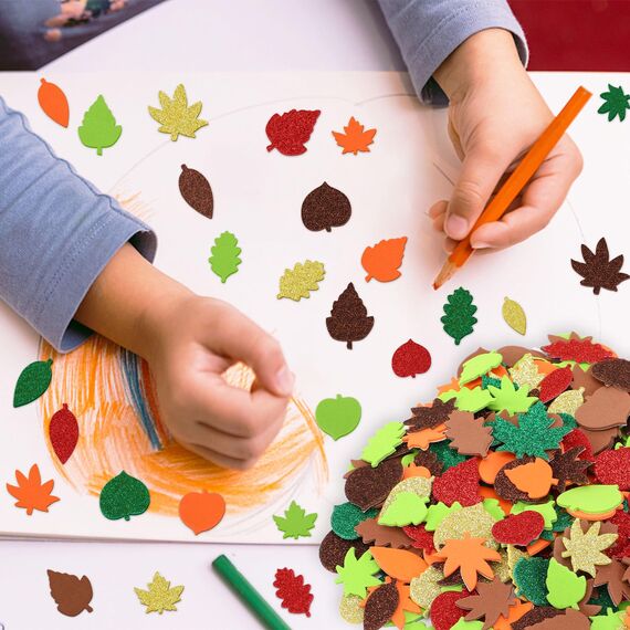 JULBEAR 300 Stück Thanksgiving Herbstblatt Deko Aufkleber Glitzernde Blatt Aufkleber Selbstklebende Schaumstoff Herbst Sticker DIY Filz Bastelset Herbst Dekorationen