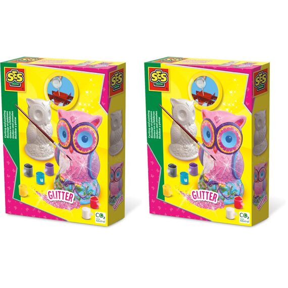 SES 012854 Gießen und Anmalen-Eule Creative 01285-Gipsfigur Glitzer, 5 Jahre to 12 Jahre, Multi, Mittel (Packung mit 2)