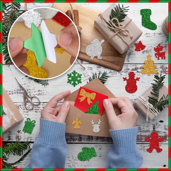 JULBEAR Schaumstoff Weihnachtssticker, 300 Stück Glitzernde Weihnachtssticker Weihnachten Aufkleber Selbstklebende Moosgummi Weihnachtsaufkleber für Weihnachtsfeiertage Basteln Party