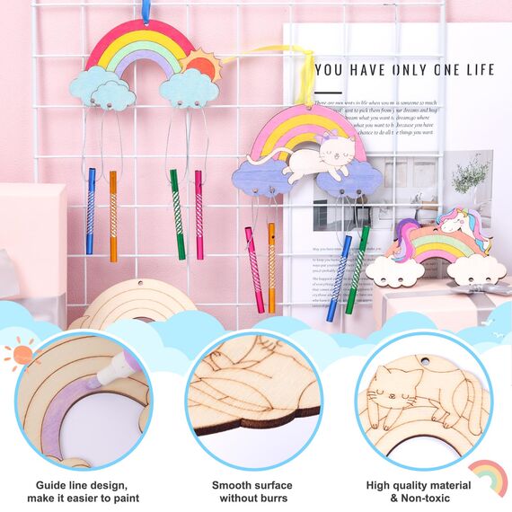 Nourdom 12 Stück Regenbogen Windspiel Bastelset Kinder Regenbogen Holz Klangspiel Basteln Bastelhandwerk zum Pferde Katzen Kreatives Bemalen Holz für Mädchen Junge Kindergeburtstag