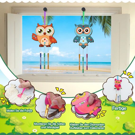 16tlg Windspiel Bastelset Kinder, Eule Holz Valentinstag Basteln Klangspiele Bastelsets Holz Windspiel Basteln für Draußen Hängend mit Diamant Aufkleber Handwerk Geburtstag Geschenke Kreativsets