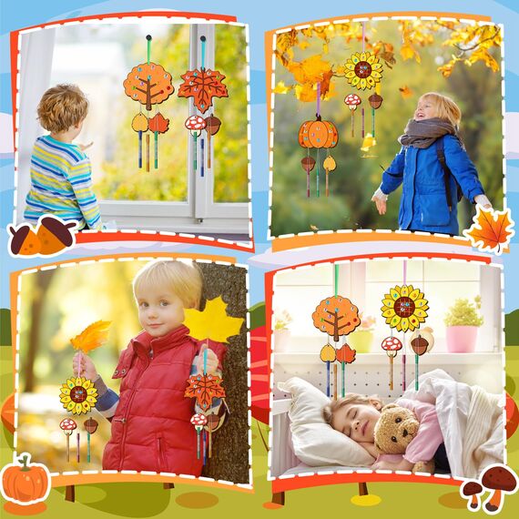 Nourdom 12tlg DIY Herbst Windspiel Bastelset Kinder, Holz Blatt Windspiele zum Bemalen mit Hängendem Klangspiele Kreativsets mit Diamant Aufkleber Geburtstag Geschenke für Mädchen Jungen