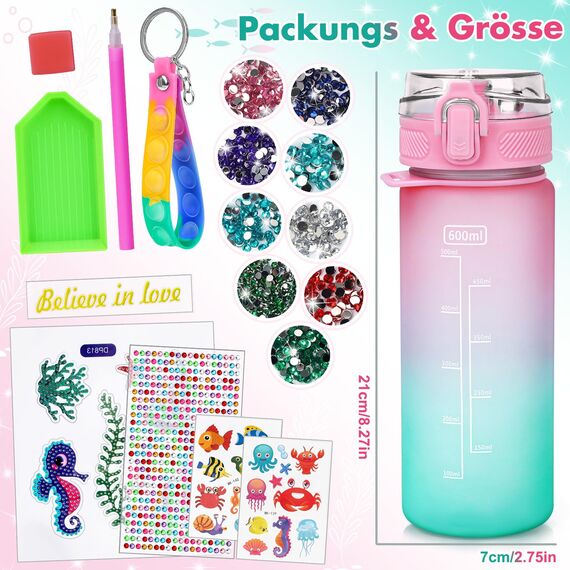 Basteln Mädchen 5 6 7 8 9 10 Jahre: Geschenk Mädchen 4-12 Jahre Kinder Basteln DIY Wasserflasche Meerjungfrau Spielzeug ab 6-8-10 Jahre Trinkflasche Personalisiert Kreativ Bastelset Diamont Painting