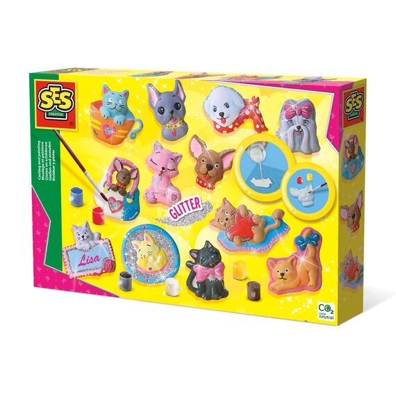 SES Creative 01154 Bastelset für Kinder, Gips Gießen Bastelset, Hunde und Katzen Figuren