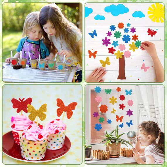 JULBEAR 300 Stück Frühlingsglitzer-Blumen- und Schmetterlings-Schaumstoff-Aufkleber, Großpackung, selbstklebende bunte Formen, Schaumstoff-Aufkleber für Kunst, Handwerk, DIY, Scrapbooking, Karten,