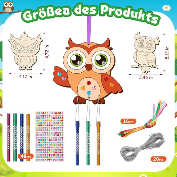 16tlg Windspiel Bastelset Kinder, Eule Holz Valentinstag Basteln Klangspiele Bastelsets Holz Windspiel Basteln für Draußen Hängend mit Diamant Aufkleber Handwerk Geburtstag Geschenke Kreativsets