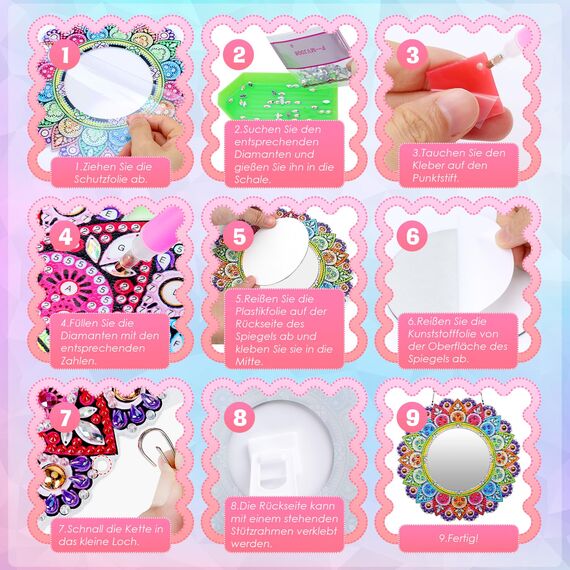 Geschenk Mädchen 6 7 8 9 10 11 Jahre: Basteln Diamond Painting Spiegel Bastelset Kinder ab 6 7 8 10 Jahre Mandala Kosmetikspiegel Mädchen Geburtstagsgeschenk Spielzeug ab 5-12 Jahre
