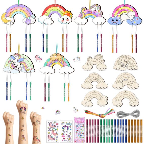 Nourdom 12 Stück Regenbogen Windspiel Bastelset Kinder Regenbogen Holz Klangspiel Basteln Bastelhandwerk zum Pferde Katzen Kreatives Bemalen Holz für Mädchen Junge Kindergeburtstag