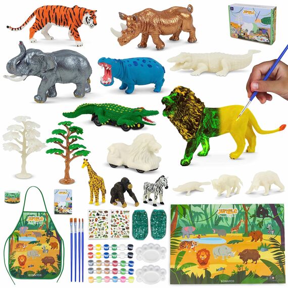 BONNYCO Tiere Spielzeug Malset 16 Figuren, Dschungel Bastelset Kinder Spielzeug sie leuchten im Dunkeln. Tieren Basteln Geschenke für Kinder Junge 3 4 5 6 7 8 9 10 Jahre Geburtstag, Weihnachten
