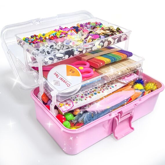 LINAYE 3000+Pcs Bastelset für Kinder Bastelbox Bastelmaterial Set,Bastelkoffer Gehören Pompons,Pfeifenreiniger,Scrapbooking Basteln Kinder Alter 4 bis 10 Geschenk für Junge Mädchen Bastelbedarf Rosa