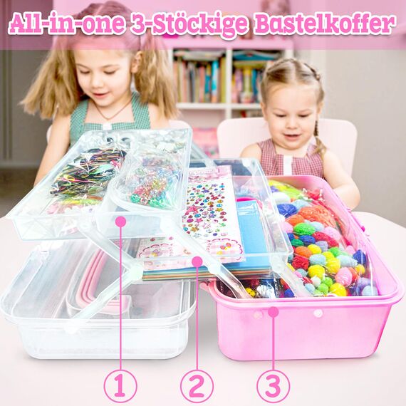 LINAYE 3000+Pcs Bastelset für Kinder Bastelbox Bastelmaterial Set,Bastelkoffer Gehören Pompons,Pfeifenreiniger,Scrapbooking Basteln Kinder Alter 4 bis 10 Geschenk für Junge Mädchen Bastelbedarf Rosa