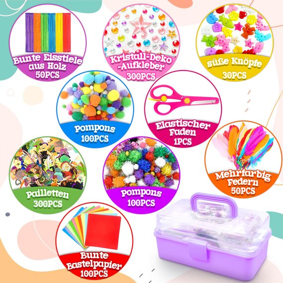 LINAYE 3000+Pcs Bastelset für Kinder Bastelbox Bastelmaterial Set,Bastelkoffer Gehören Pompons,Pfeifenreiniger,Scrapbooking Basteln Kinder Alter 4 bis 10 Geschenk für Junge Mädchen Bastelbedarf Lila