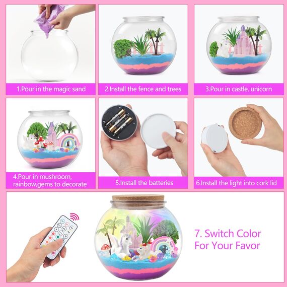 MYDOVA Einhorn Geschenke für Mädchen, DIY Einhorn Terrarium Bastelset mit Timing Fernbedienung und farbigen Lichtern, Nachtlicht Basteln, Wissenschaft Kit, Spielzeug für Mädchen ab 6, 7, 8+ Jahren