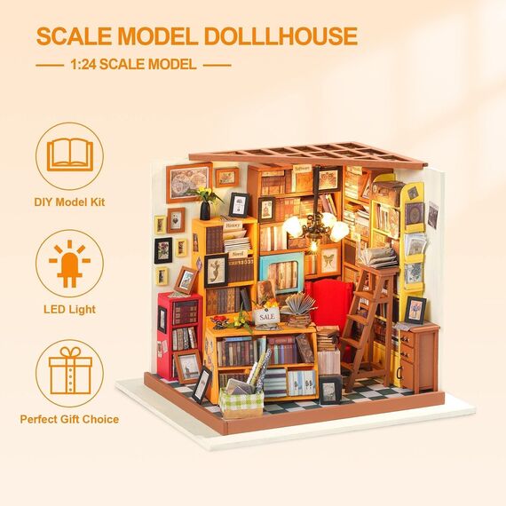 RoWood DIY Miniatur Haus Buchhandlung Puppenhaus mit Licht, DIY Mini Holz Haus Modell Set, Bastelset Geburtstag Geschenke für Erwachsene Frauen Mädchen