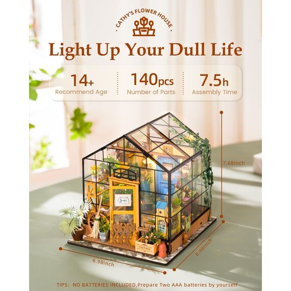 RoWood DIY Miniatur Haus Puppenhaus Gewächshaus mit Licht, DIY Mini Holz Haus Modell Set, Bastelset Geburtstag Geschenke für Erwachsene Frauen Mädchen - Cathys Blumenhaus