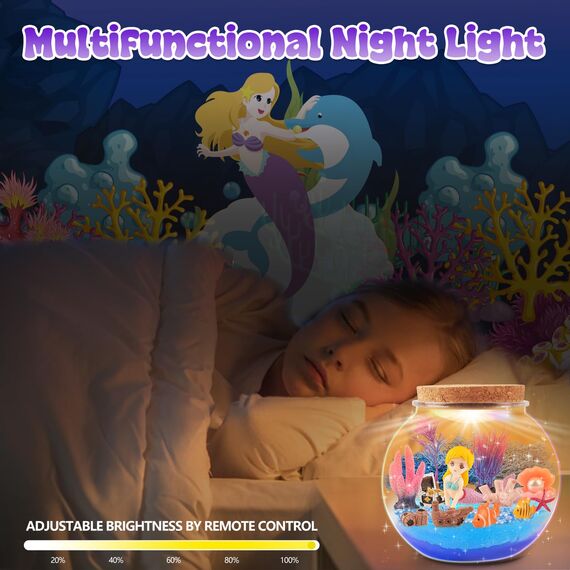 MYDOVA Meerjungfrau Geschenke für Mädchen, DIY Meerjungfrau beleuchtetes Terrarium Bastelset mit Timing Fernbedienung und farbigen Lichtern, Nachtlicht für Kinder 3-12 Jahre, Raumdekoration