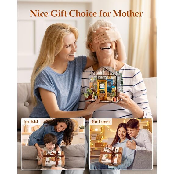 RoWood DIY Miniatur Haus Puppenhaus Gewächshaus mit Licht, DIY Mini Holz Haus Modell Set, Bastelset Geburtstag Geschenke für Erwachsene Frauen Mädchen - Cathys Blumenhaus