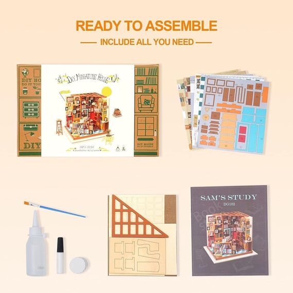 RoWood DIY Miniatur Haus Buchhandlung Puppenhaus mit Licht, DIY Mini Holz Haus Modell Set, Bastelset Geburtstag Geschenke für Erwachsene Frauen Mädchen