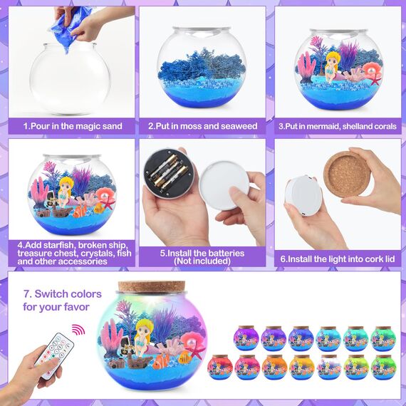 MYDOVA Meerjungfrau Geschenke für Mädchen, DIY Meerjungfrau beleuchtetes Terrarium Bastelset mit Timing Fernbedienung und farbigen Lichtern, Nachtlicht für Kinder 3-12 Jahre, Raumdekoration