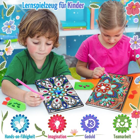 pearoft Basteln Mädchen 7 8 9 10 Jahre, Geschenke Mädchen 6-12 Jahre Diamant Painting A5 Notizbuch Bastelset Kinder Spielzeug ab 5-7-9-11 Jahre Geburtstagsgeschenk Tagebuch Mandalas Geschenkideen