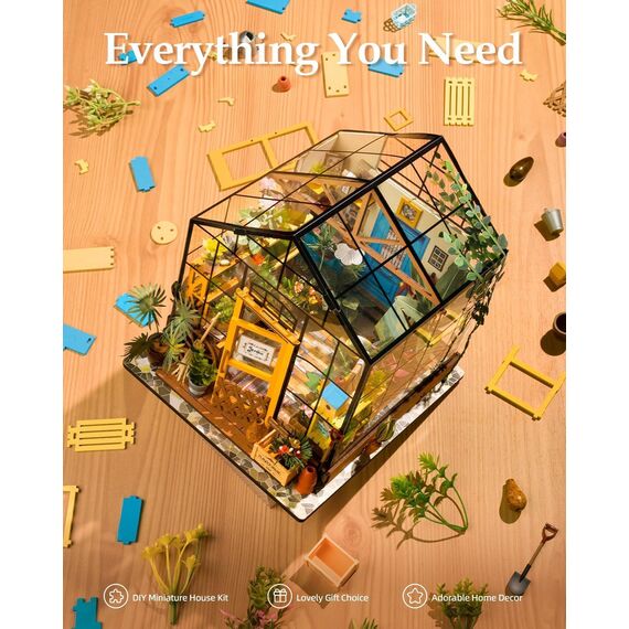 RoWood DIY Miniatur Haus Puppenhaus Gewächshaus mit Licht, DIY Mini Holz Haus Modell Set, Bastelset Geburtstag Geschenke für Erwachsene Frauen Mädchen - Cathys Blumenhaus