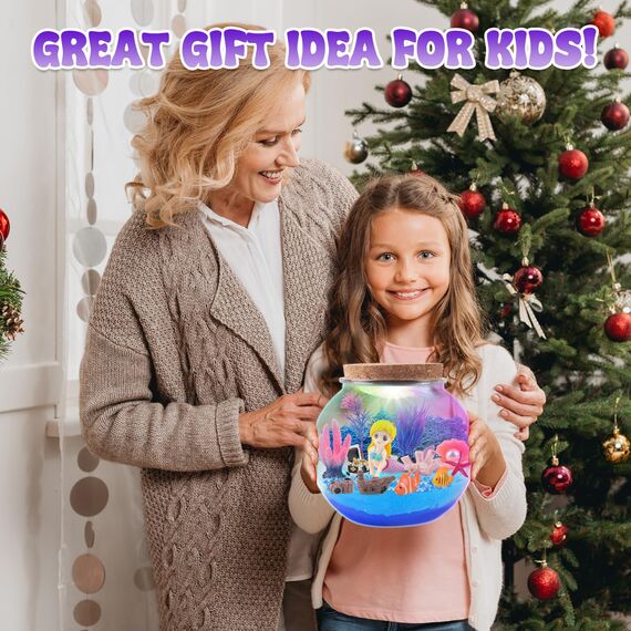 MYDOVA Meerjungfrau Geschenke für Mädchen, DIY Meerjungfrau beleuchtetes Terrarium Bastelset mit Timing Fernbedienung und farbigen Lichtern, Nachtlicht für Kinder 3-12 Jahre, Raumdekoration